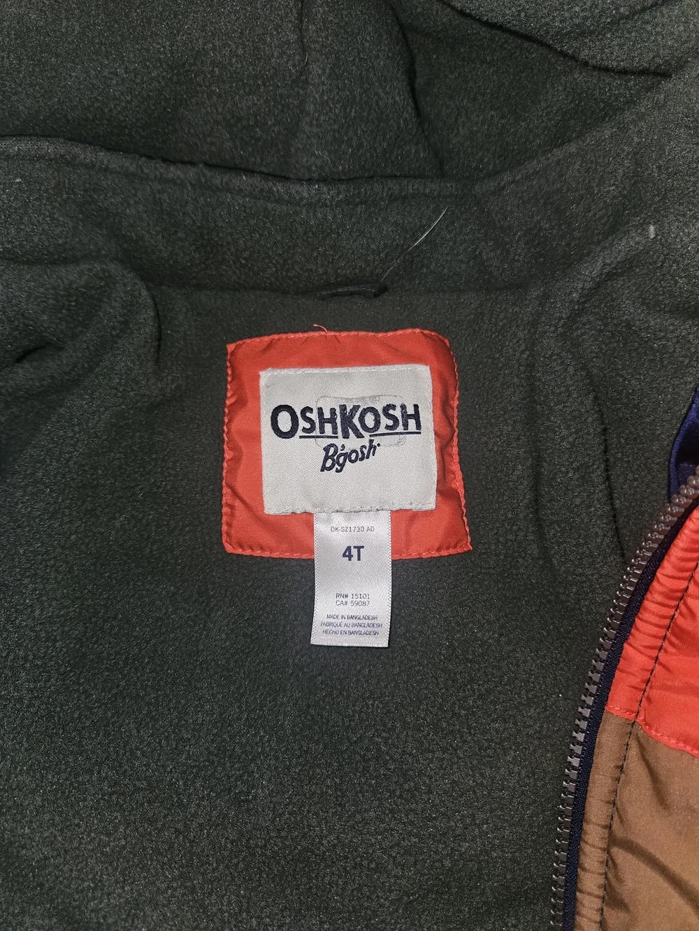 OshKosh B'gosh Orange, Olive, Tan & Navy Colorblock Puffer Jacket 4T